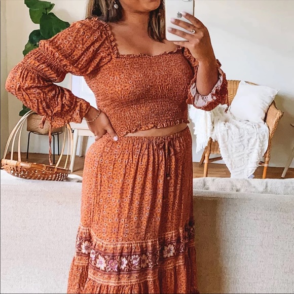 Gypsy Boho Floral Print LongSleeve CropTop Shirred - Picture 10 of 15